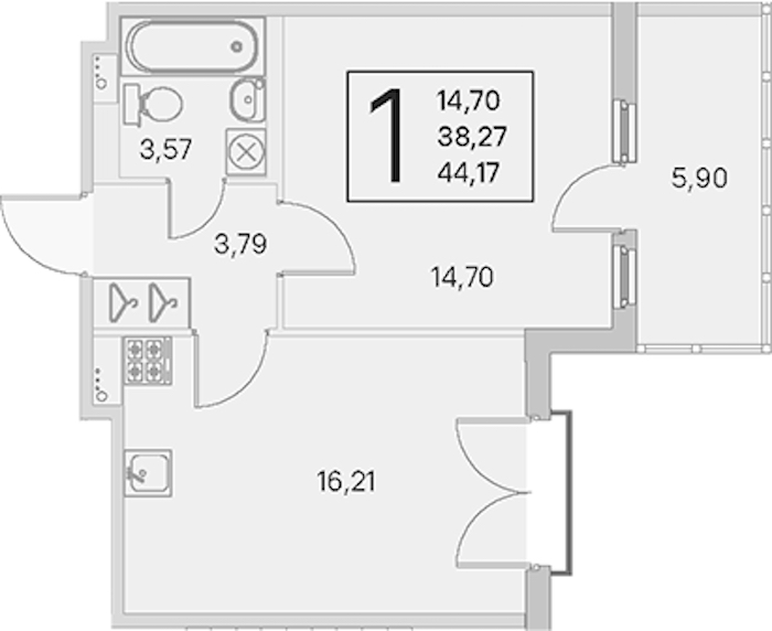 1-комнатная квартира 38.27 м², 3/4 эт., ЖК «Любоград в Стрельне»